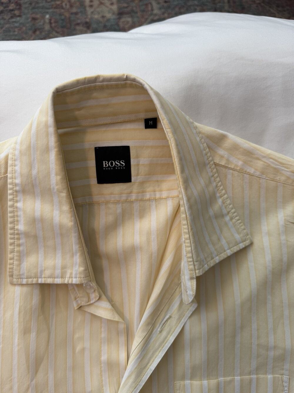 Hugo Boss Mens Medium Yellow White Striped 100% Cotton Short Sleeve Button Shirt
